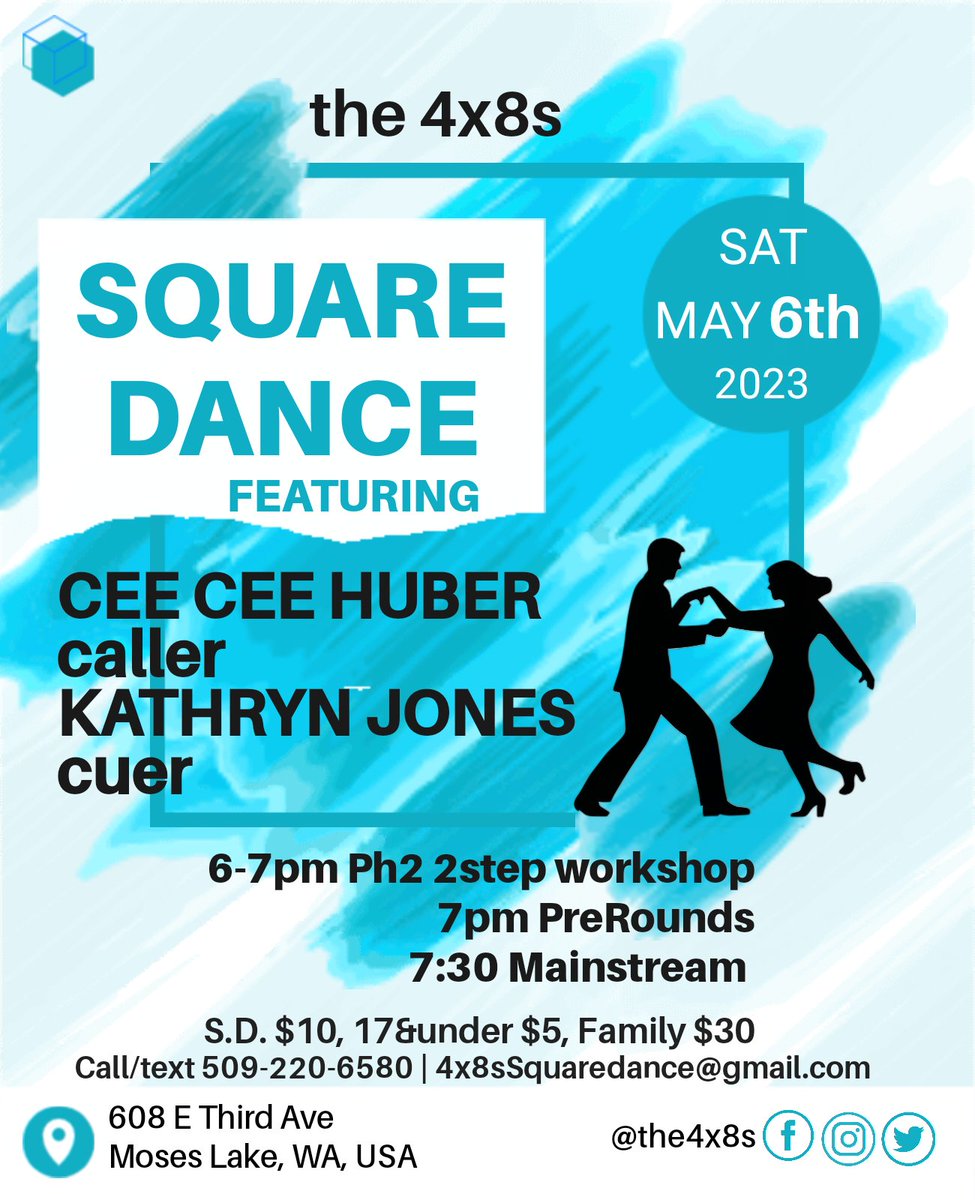 The4x8s's tweet image. 5/6/23 Mainstream Dance
Caller: Cee Cee Huber
Cuer: Kathryn Jones
6-7pm 2 Step ws
7pm PreRounds
7:30-9:30 Mainstream
608 E Third Ave, Moses Lake, WA

 #the4x8s #rounddancing #rounddance #squaredancing #mainstreamsquaredance #dance #dancing #squaredance #mainstreamsquaredancing