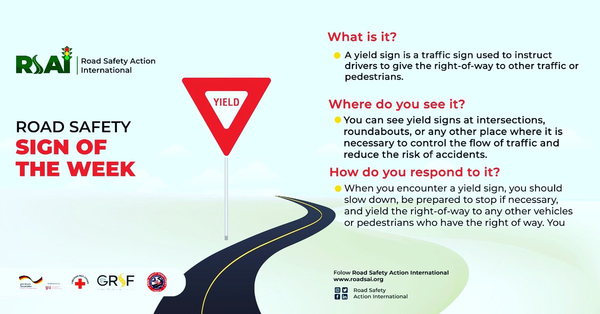 roadsai_1's tweet image. Road Safety Sign of the Week

- YIELD SIGN- 

When you see a yield sign, slow down and take a moment to yield to others. It's a small act that can make a big difference in keeping our roads safe. 

#yieldsign 
 #roadsafety
 #drivesmart
#RSAI