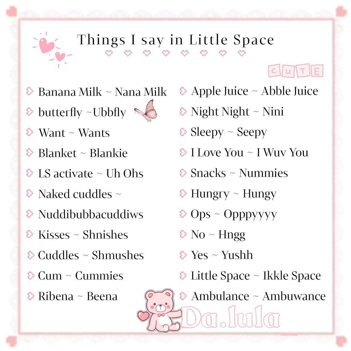 da_lula_'s tweet photo. What are some of your little words! ♡
•
#kink #ddlg #ddlglittle #NSFW #sfw #petplay #petspace #littlespacecommunity https://t.co/h9JBsHpvbk