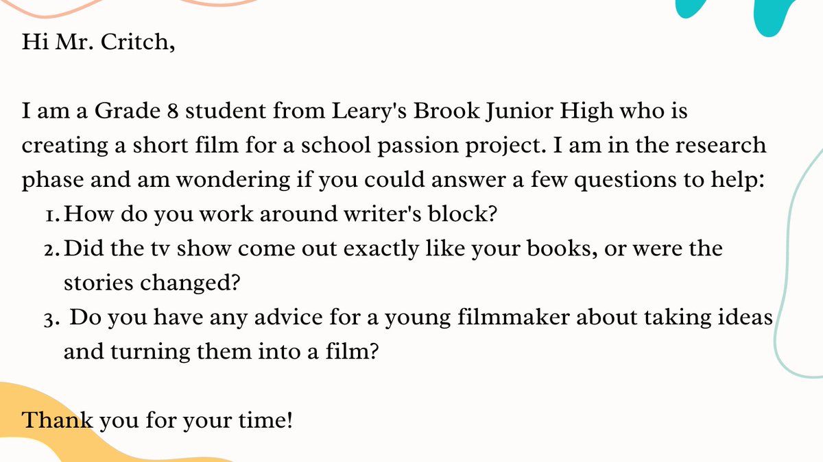 Hi <a href="/markcritch/">Mark Critch</a>, we have a student that is hoping you can answer a few questions for them as they complete their research for a passion project. <a href="/learysbrook/">Leary's Brook Jr High</a>