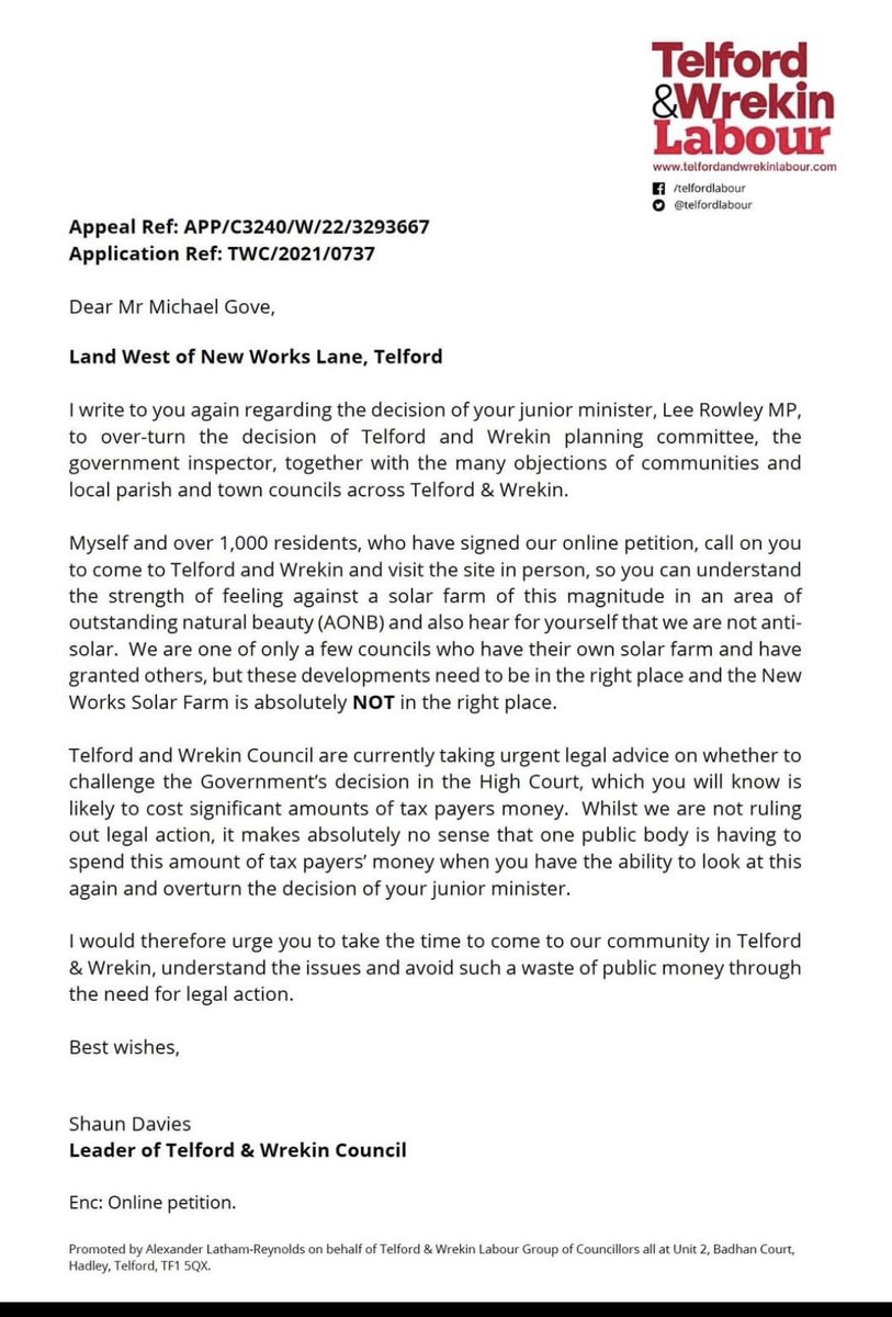 @CllrShaunDavies 's letter to @michaelgove calling on him to reverse the decision made by @Lee4NED to approve #NewWorkssolarfarm in the protected #WrekinStrategiclandscape, going against all democracy - local authority & @PINSgov
#stopnewworkssolarfarm
#stopsteerawaysolarfarm