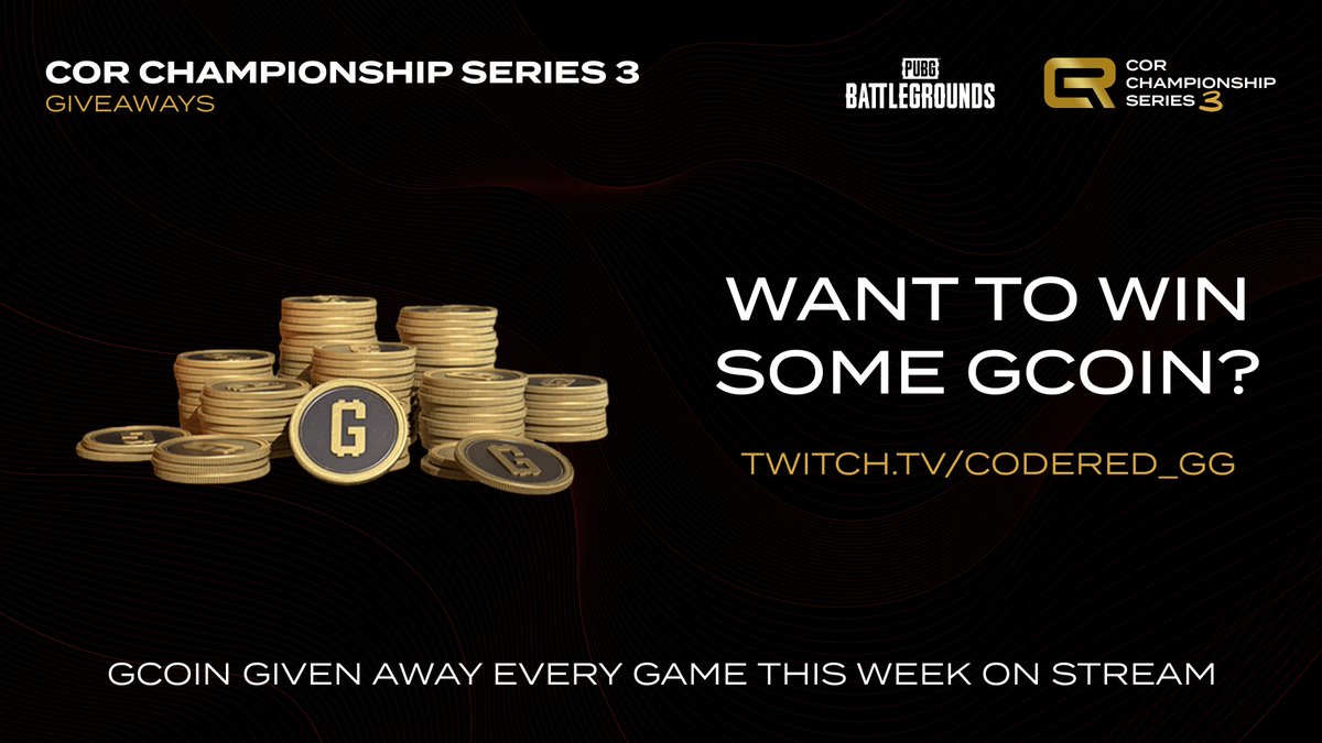 🎁 FREE STUFF! 🎁

Want to win some GCoin?!

Tune in to the stream this week and enter the giveaways. There will be one during EVERY GAME this week! 🔥

🕗 20:00 BST // 21:00 CEST
📺 twitch.tv/CodeRed_GG