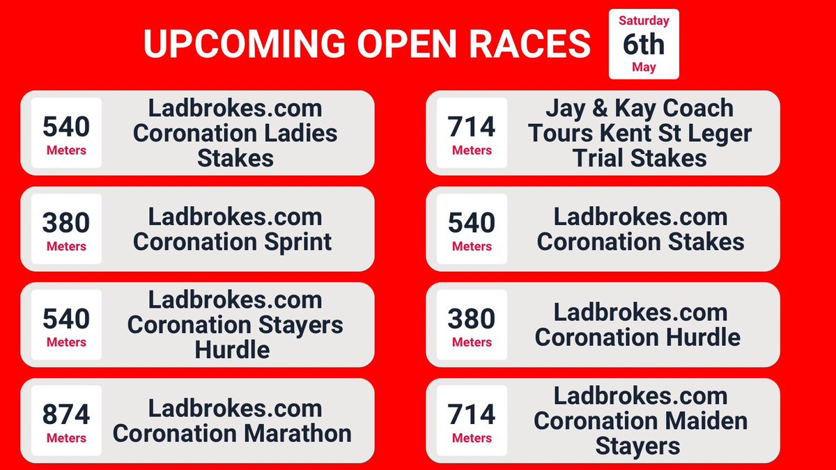 Onejudge2025's tweet image. In celebration of the King’s Coronation this weekend, we have several open races available for entry this coming Saturday morning at @CrayfordStadium

8 x one-off opens
2 x Category Three competitions

Entries close at Noon on Wednesday, 3rd May

#SaturdayRacing #theplacetorace