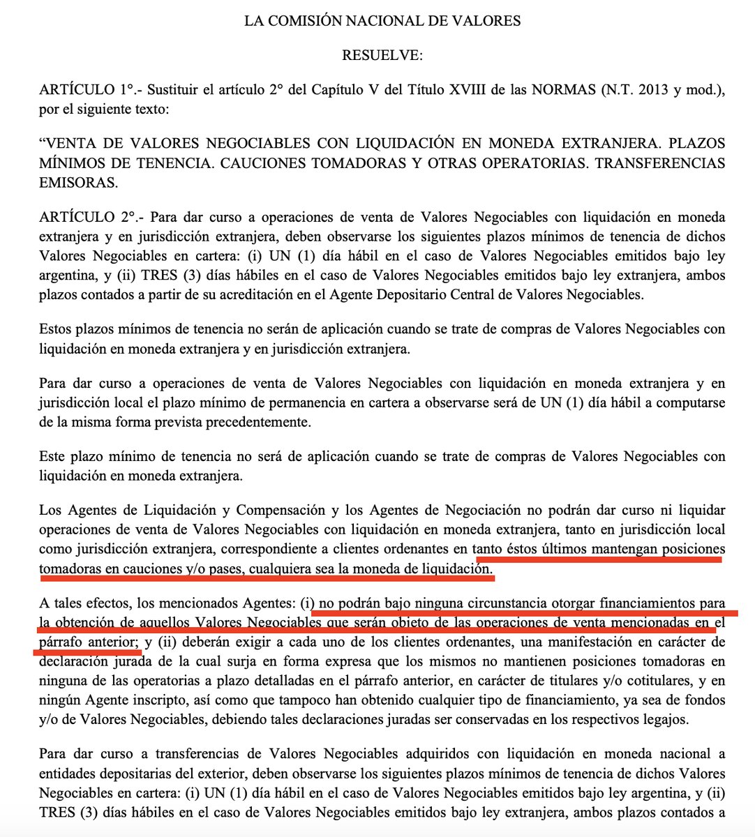 arielsbdar's tweet photo. ATENTOS! LA CNV ACABA DE PUBLICAR RG 959 DONDE SE INCORPORAN DOS GRANDES REGLAMENTACIONES.
1) LOS CLIENTES QUE QUIERAN VENDER CONTRA MONEDA EXTRANJERA (COMPRAR DÓLAR MEP O CCL) NO PODRÁN TENER CAUCIONES Y/O PASES TOMADOS.
2) LAS CARTERAS PROPIAS TIENEN QUE QUEDAR NETOS EN CANTIDADES POR PANTALLA POR MONEDA PARA CUALQUIER GD O AL. ESTO ES QUE LOS ALYCS NO PUEDEN COMPRAR DÓLAR MEP NI CCL POR LA PANTALLA, SOLO OTC O SENEBI.
TEXTO A RG: https://t.co/atyitLGBkO
