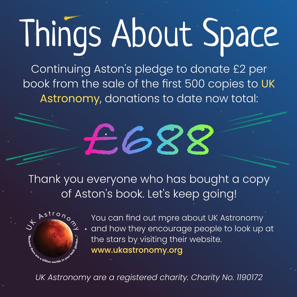 vi_publishing's tweet photo. Continuing Aston’s pledge to donate proceeds from the sale of his book to @UK_Astro, we are over the Moon 🌛 to announce that donations now total £688. Thank you to everyone who has bought a copy of Things About Space. Let’s keep going! #thingsaboutspace #raisingmoneyforcharity https://t.co/CKPBbywiAL