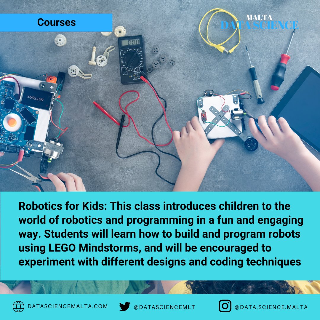DataScienceMlt's tweet image. Introduce your child to the exciting world of robotics with our Robotics for Kids class! Using LEGO Mindstorms, kids will learn to build and code robots in a fun and engaging way. Book now on our website: datasciencemalta.com #RoboticsForKids #STEMeducation #DataScienceMalta