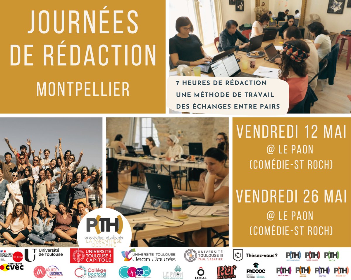 LaParenthese34's tweet photo. Journées de rédaction à Toulouse et Montpellier !
Les inscriptions 👇
📍Montpellier
📆Ven. 12/05 @Le Paon: https://t.co/e5B0zH6OWn
📆Ven. 26/05 @Le Paon: https://t.co/vGnBuyq25M

📍Toulouse
📆Sam. 06/05 @Ôlocal: https://t.co/ERieeN1uEb
📆Mer. 06/05 @MRV: https://t.co/nLhvliuSUx https://t.co/8gCl2bgGRI