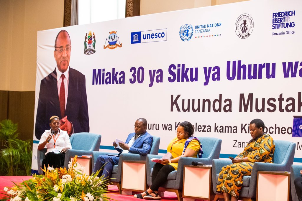 MeMarygoreth's tweet photo. Privileged to be part of 30th Anniversary of @Wpfd_Tanzania event in Zanzibar. Speaking in the panel about Media and SDGs with the Director of Information services and Chief Government spokesperson  @gersonmsigwa , Hon @neemalugangira and Clouds Fm presenter Geah Habib. https://t.co/GN2dla0J2M