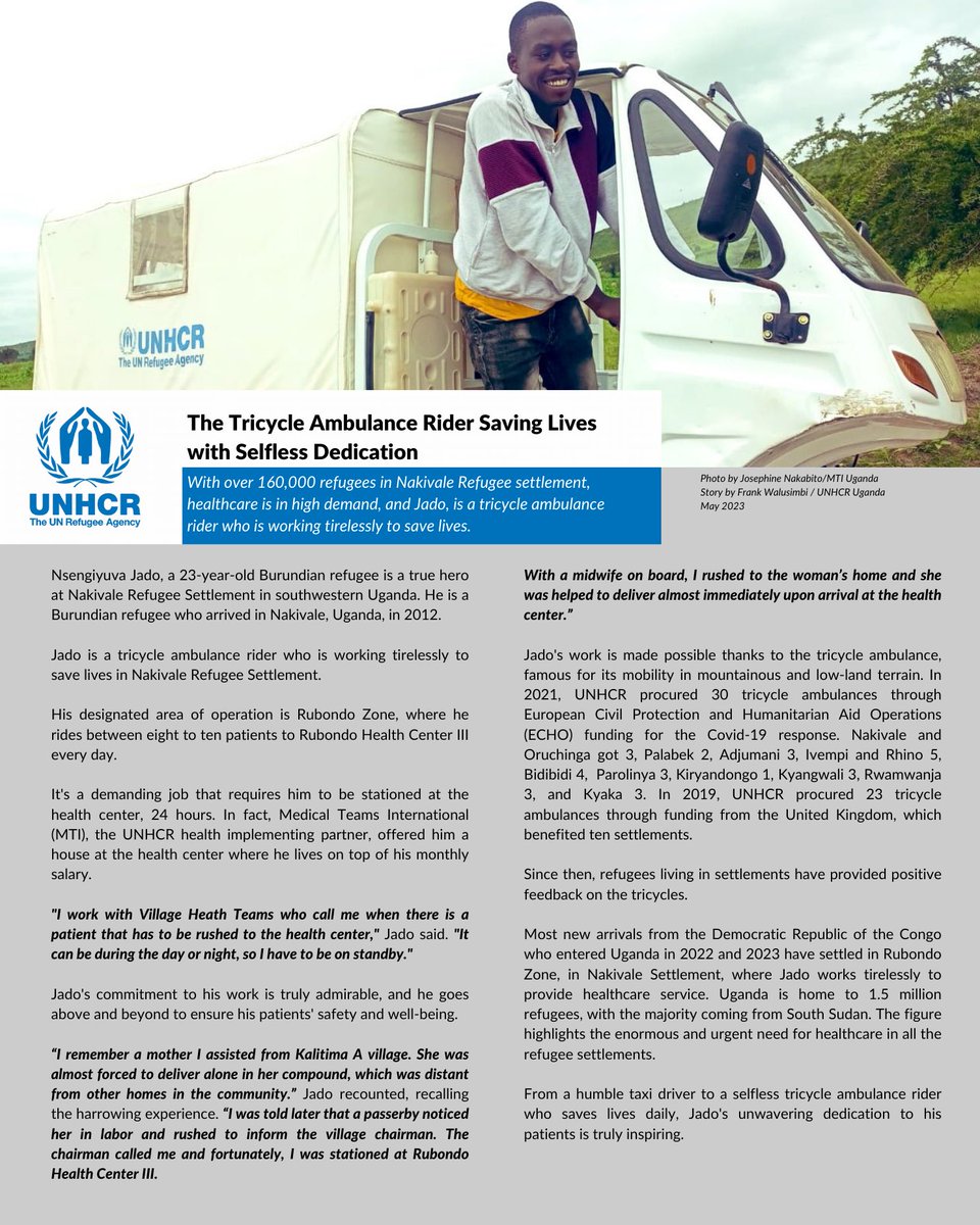 UNHCRuganda's tweet photo. From a humble taxi driver to a heroic tricycle ambulance rider, Jado saves 8-10 lives daily by evacuating patients to Rubondo Health Center III in Nakivale Refugee Settlement. 
Thanks @EUinUG for supporting refugees access to health care services in 13 hosting districts in Uganda https://t.co/GKnuenf5rN