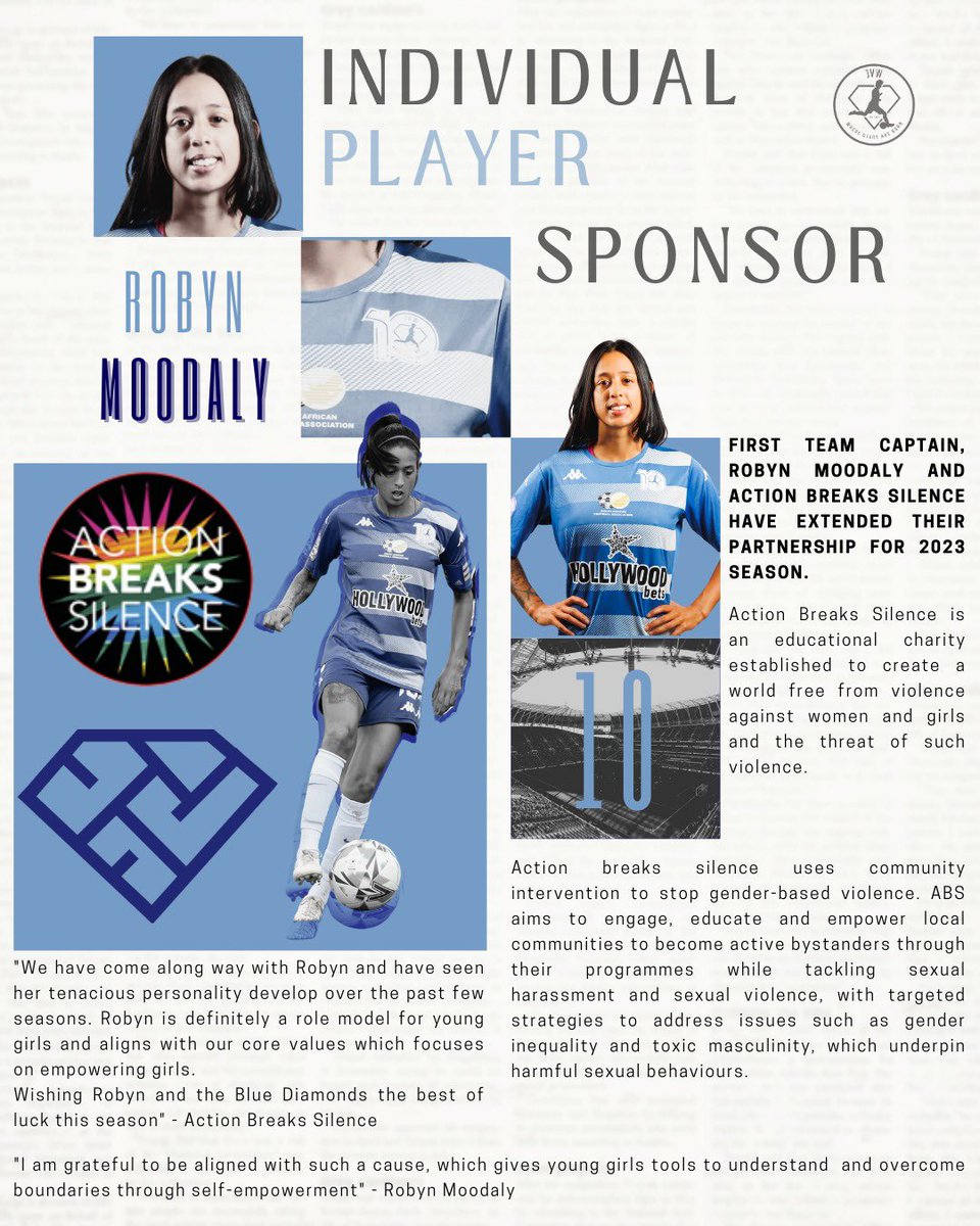 JVWGirlsFootbal's tweet photo. 🚨 Action Breaks Silence renews Individual Player Sponsorship with Captain Robyn Moodaly 🚨 

Action breaks silence has been onboard the IPS program with Robyn Moodaly since 2021 and has successfully renewed again for the 2023 season - looking to amplify their partnership. https://t.co/RhHCUhHe01