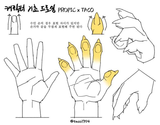 수인 손의 경우 표현 차이가 있지만 손가락 끝을 두껍게 표현해 준다