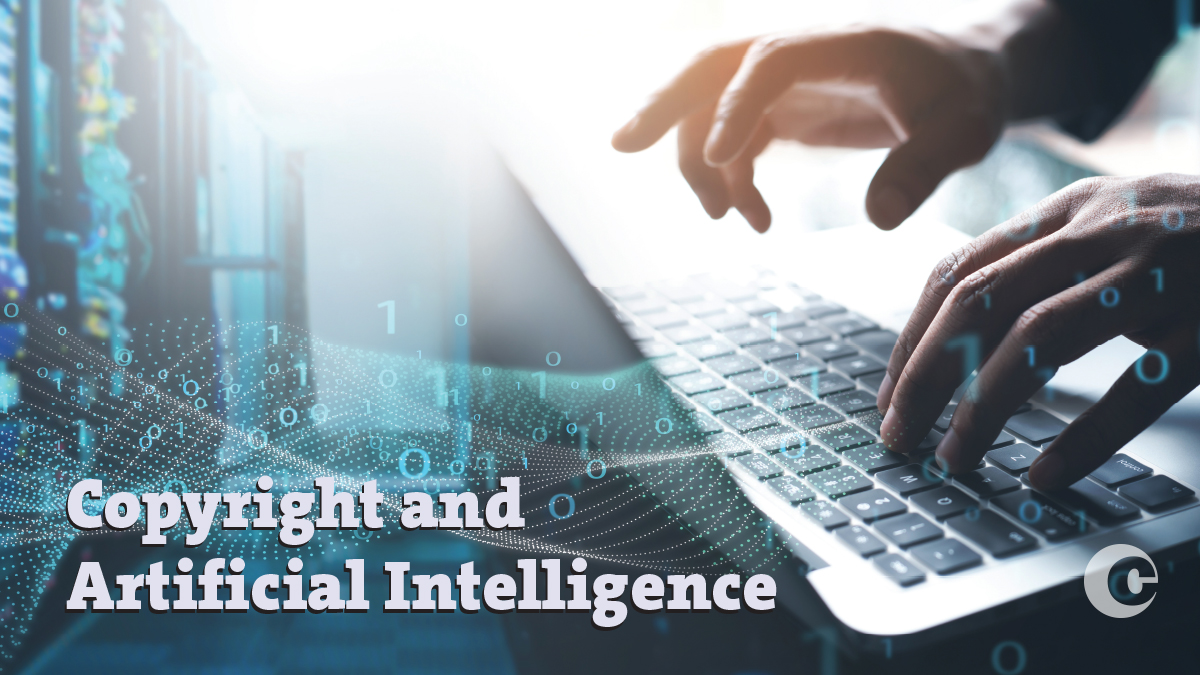 A set of hands at a laptop with swirling binary code and the text "Copyright and Artificial Intelligence"