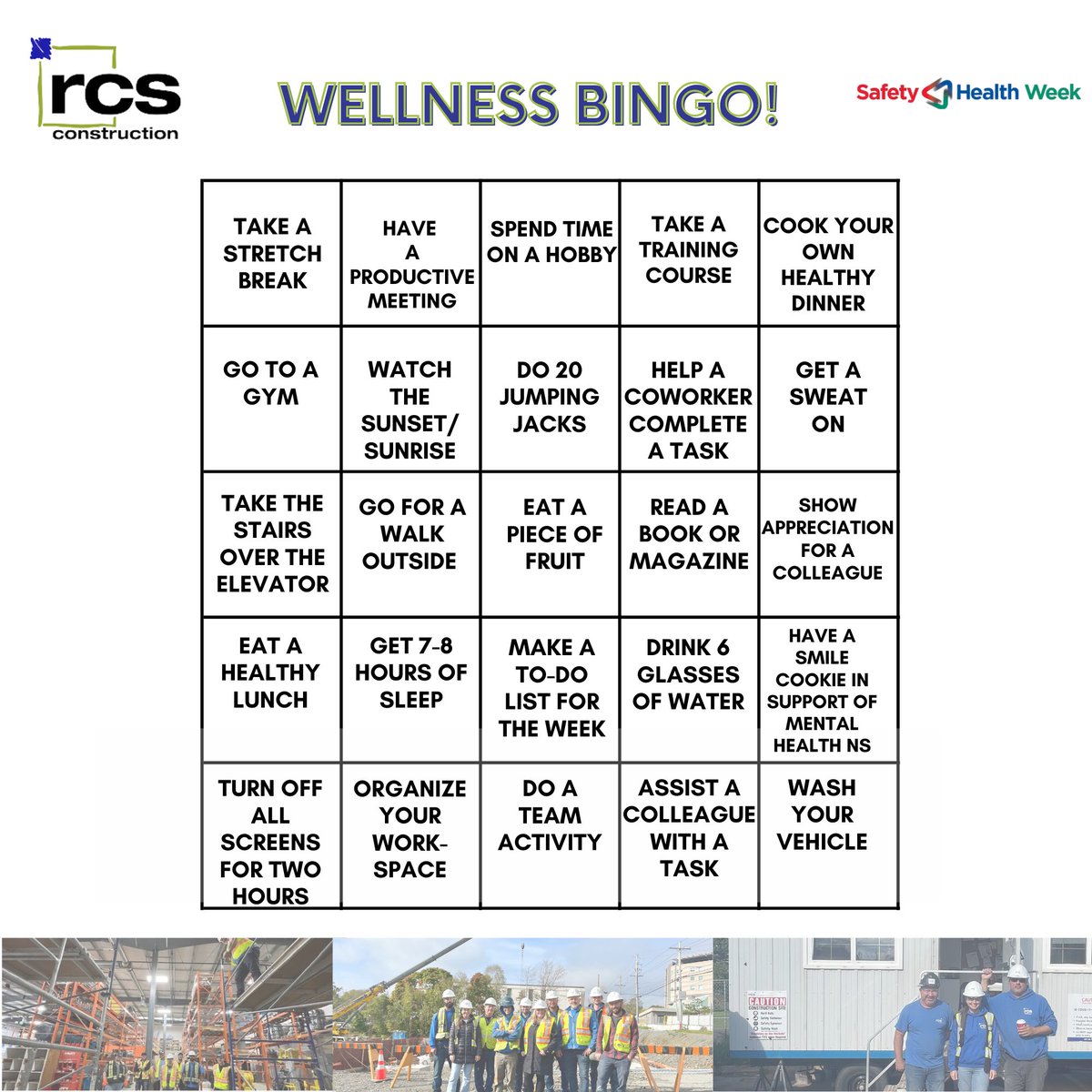 Happy North American Occupational Safety and Health Week 2023! rcs is once again hosting our very own "Wellness Bingo" as a fun Safety &amp; Health Week activity! 😊

Feel free to join in and Tweet us pictures of you completing the above tasks!

#SafetyAndHealthWeek
