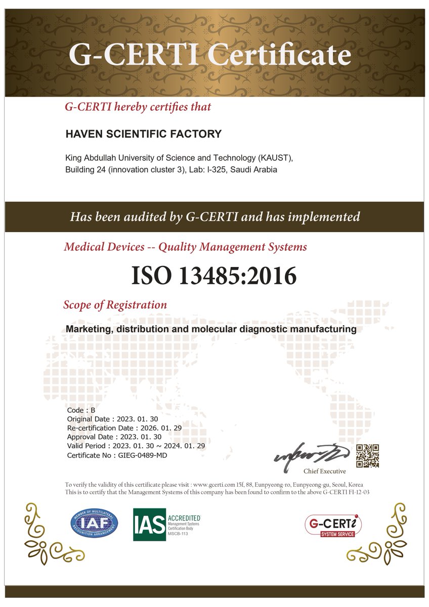 We are pleased to inform you that we have received our Medical Devices Quality Management System for Marketing, distribution and molecular diagnostics manufacturing (ISO 134585:2016) certificate.