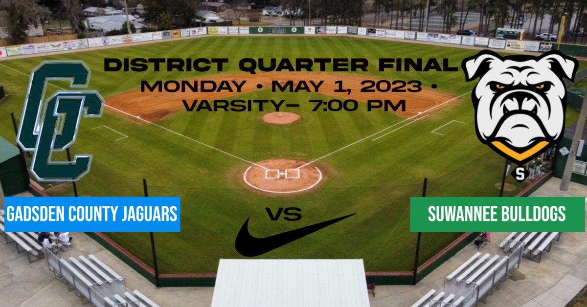 shsdogsbaseball's tweet photo. District Quarter Finals tonight at Suwannee High School at 7:00 pm. Suwannee Bulldogs will host Gadsden County Jaguars #LeaveNoDoubt https://t.co/89yBpJ4HrI