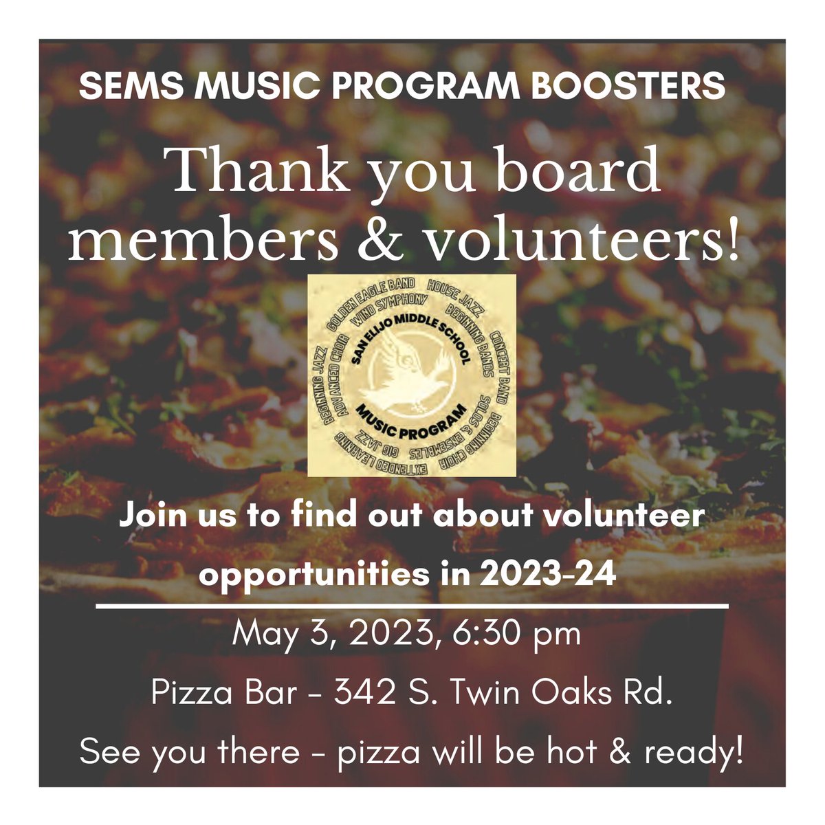 Calling all Boosters, volunteers and those who want to learn more about the many opportunities to help the Music Program next year! 

#semsmusic #semsmusicprogram #semsband #semschoir #MiddleSchoolMusicMatters #springaccelerando