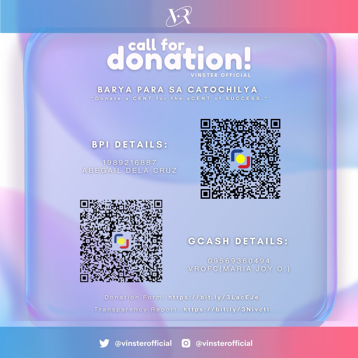 [🤍] BARYA PARA SA CATOCHILYA!

"Donate a CENT for the sCENT of SUCCESS."

VINSTER BANK is calling for donations to raise funds to promote our cosmic duo. Donation details are indicated in the picture. Please read the thread for more information.