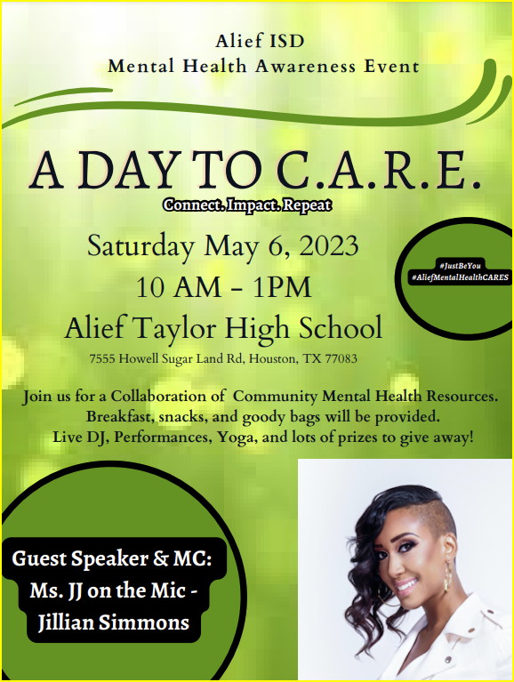 AliefCounseling's tweet photo. May is Mental Health Awareness &amp; Family Wellness Month. Join us May 6th for our free event "A Day To CARE" @ Taylor High School. Bring the whole family for a fun-filled day as we support our Mental Health &amp; Wellness. #breakthestigma #AliefCARES💚 https://t.co/sKcK7bL9LJ