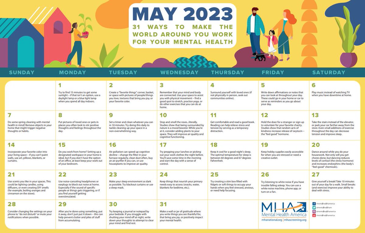CounselingSTL's tweet photo. May is Mental Health Awareness month, and @MentalHealthAm is challenging people to focus on their mental by creating a calendar of simple activities you can do to help boost your well-being. We encourage you to try each one along with us ! #lookaround #lookwithin #mentalhealth https://t.co/i1xXeqt0Nx