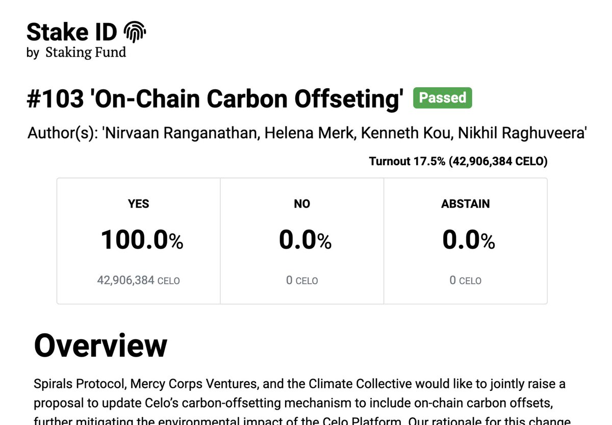 Climate Collective (@clim8collective) on Twitter photo π our Celo governance proposal passed
Under this new protocol, <a href="/CeloOrg/">Celo</a> will direct offset funds into on-chain carbon assets, keeping Celo carbon-negative while supporting development of the digital VCM!
cc <a href="/SpiralsProtocol/">Spirals Protocol π±π</a> <a href="/MCSocialVenture/">Mercy Corps Ventures</a> <a href="/pumpernikhil/">Nikhil Raghuveera</a> <a href="/anranga95/">nirvaan ranga</a> <a href="/HelenaMerk/">Helena Merk π΅πβοΈ</a> π our Celo governance proposal passed
Under this new protocol, <a href="/CeloOrg/">Celo</a> will direct offset funds into on-chain carbon assets, keeping Celo carbon-negative while supporting development of the digital VCM!
cc <a href="/SpiralsProtocol/">Spirals Protocol π±π</a> <a href="/MCSocialVenture/">Mercy Corps Ventures</a> <a href="/pumpernikhil/">Nikhil Raghuveera</a> <a href="/anranga95/">nirvaan ranga</a> <a href="/HelenaMerk/">Helena Merk π΅πβοΈ</a>