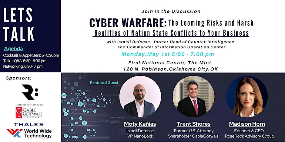 Join Shareholder <a href="/TrentShores/">Trent Shores</a> Shores this evening in OKC for this Cyber Warfare panel. Link to register: gablelaw.com/news-articles-…
#CyberSecurity