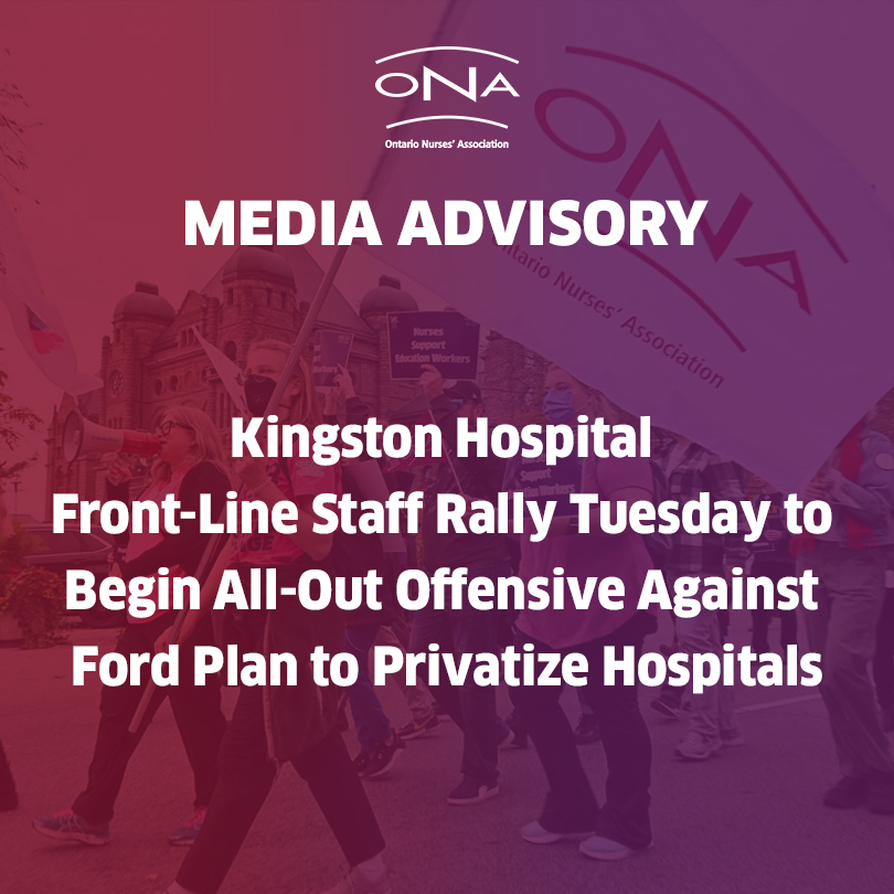 On Tuesday—May 2—thousands of front-line RNs, RPNs, medical lab technologists, health care aides, cleaners, clerical &amp; other hospital staff at <a href="/KingstonHSC/">KingstonHSC</a> are going public with their fight to stop <a href="/fordnation/">Doug Ford</a> plan to privatize the patient care. 
Details: ona.org/news-posts/202…