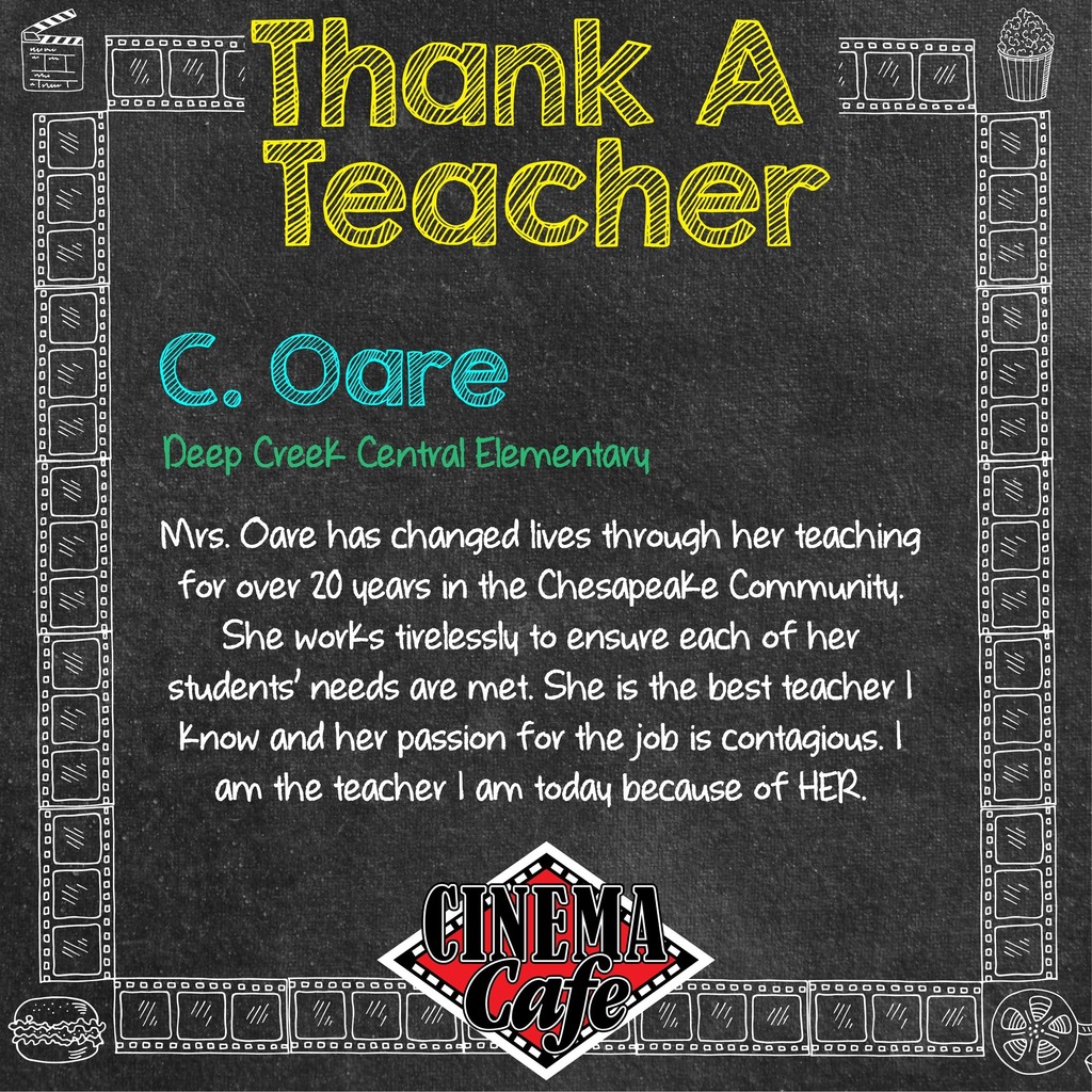 We're kicking off #TeacherAppreciationWeek with our first #ThankATeacher2023 Honoree: C. Oare from Deep Creek Elementary School

Great teachers make lasting impressions. We're proud to reward your hard work with TWELVE MONTHS of movies. Thank you for being a GREAT teacher, M…