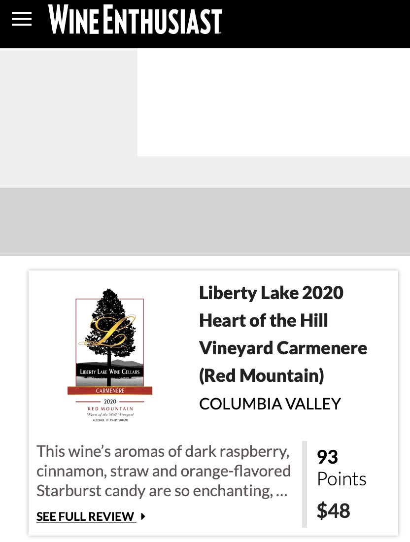 LibLakeWine's tweet photo. Yes, that would be us on the landing page of @WineEnthusiast with the highest scoring Carmenere produced in North America! @RedMtnAVA @KionaWine #WaWine #NoWaterAdded #RedMtnUnfiltered https://t.co/fGnaq6Tqs0