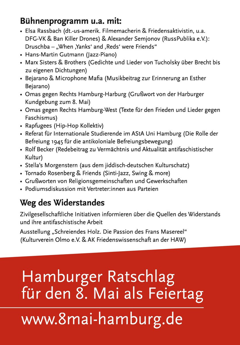 8mai_hamburg's tweet photo. Festkundgebung zum Feiern und Verwirklichen der Konsequenzen aus der Befreiung von Faschismus und Weltkrieg. 8. Mai 2023, HHer Jungfernstieg, 12-22 Uhr. 
Mit Kulturprogramm aus Musik, Theater und Lesungen sowie Weg des Widerstands.
#8mai #TagDerBefreiung
https://t.co/jSdJiedyt2 https://t.co/43wIgIyMIS
