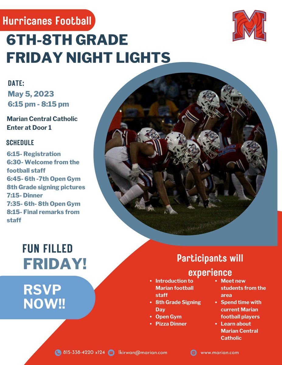 MarianCentralFB's tweet photo. THIS FRIDAY! Join us for our first ever 6th-8th Grade Spring Friday Night Lights open gym and signing day from 6:30 to 8:30 pm. Register for this free event by using the link below. RSVP now before registration closes! #OneHeartbeat #FutureCanes
https://t.co/SVhB2yTLAh https://t.co/AjxdJlDPxb