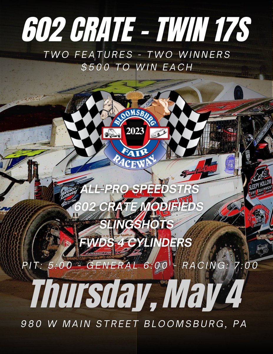 Two Features, Two Winners, Twice the Action!!

🎟️ General Admission - $15
🎟️ Pits - $30

$500 to Win - $60 for Green - Each Feature