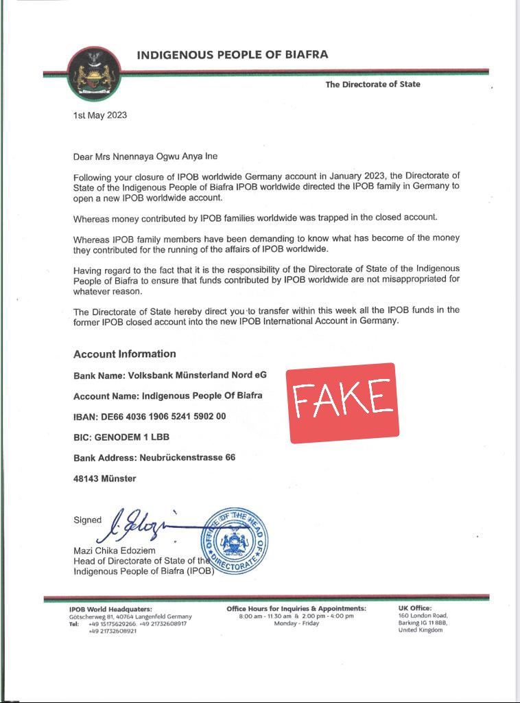 MaziKanuntaKanu's tweet photo. The criminal CABALS in BIAFRA COMMUNITY that are using the name #IPOBDOS to defraud #Ipobfamilymembers should be aware of this memo.
There is NO IPOB International account in Münster Germany.
@cedoziemm doesn’t represent #IPOB nor #MaziNnamdikanu , avoid this fraudsters. https://t.co/6KVmM4Szi3