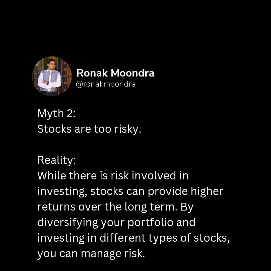 RonakMoondra's tweet photo. There are many myths out there about investing that can hold you back from making the most of your money

Let's debunk some of the most common ones with @RonakMoondra Part-1

#InvestingMyths #StockMarket #FinancialFreedom #Investing #investing101 #ronakmoondratweets #ronakmoondra https://t.co/uOJAuFmR0a