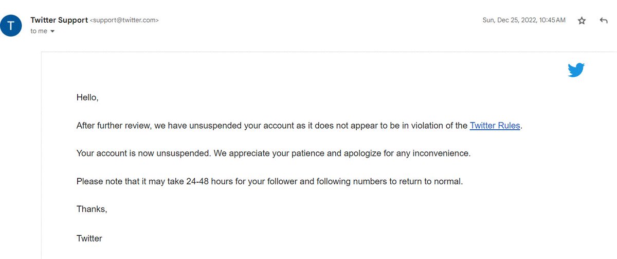 @SharonJ03626335 @JohnstonSharon @TwitterSupport I was suspended for three months for replying to Ted Cruz.  They emailed me it was the reason.  I appealed probably 5-6 times and always got told I was permanently suspended.    Then 3 mos later, oh, now I didn't.  🙄