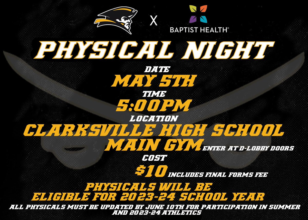 ClarksvilleBase's tweet photo. Come out this Friday May 5th and get your physical for the 2023-24 school year https://t.co/Z5WRKrImIe