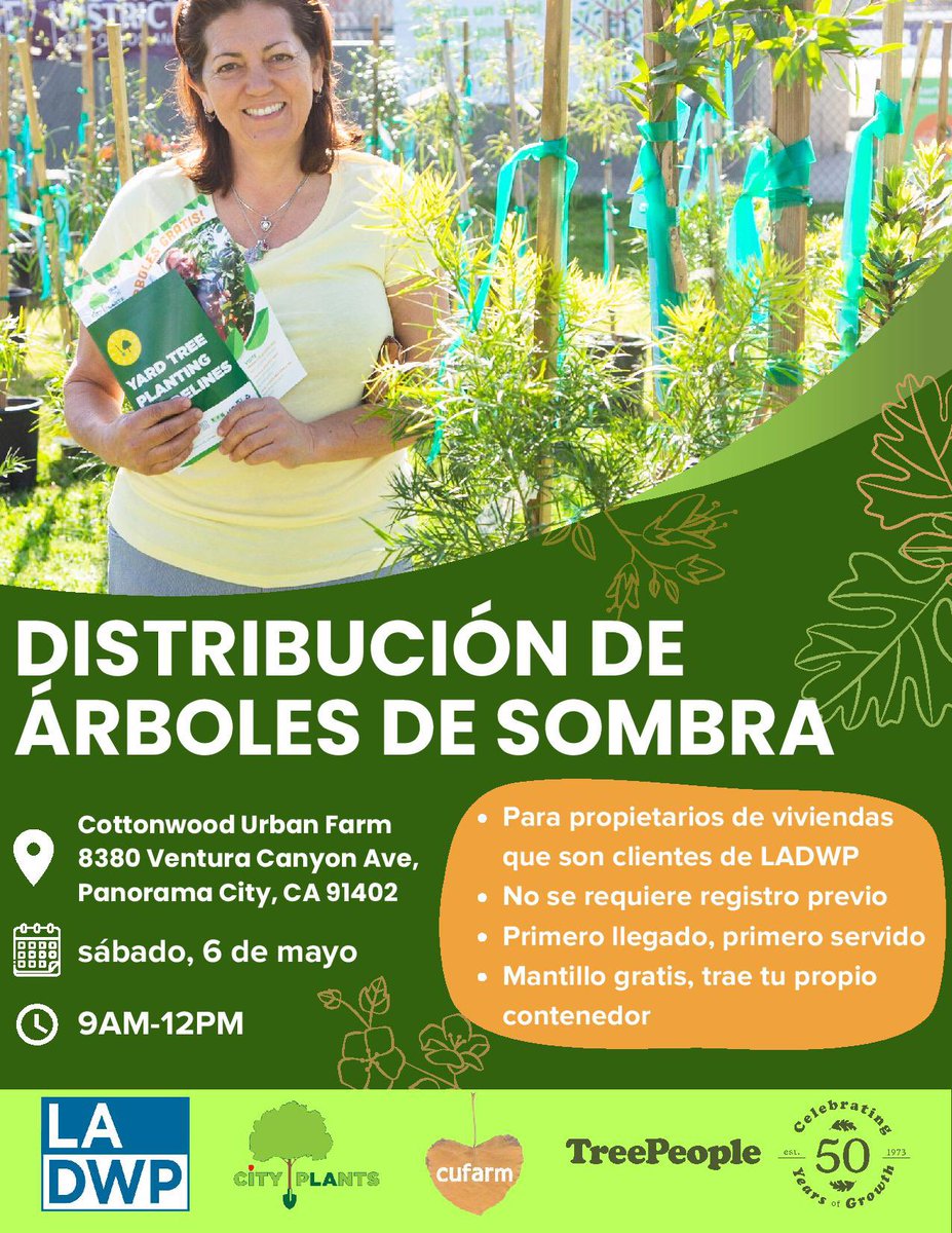 Pick up your free shade trees this weekend in Panorama City and enjoy the benefits that come with them: clean air, energy efficiency, better health, cooling shade, and friendlier, more vibrant communities. 🌳

🗓️ Saturday, May 6th
⏰ 9AM - 12PM
📍 Cottonwood Urban Farm