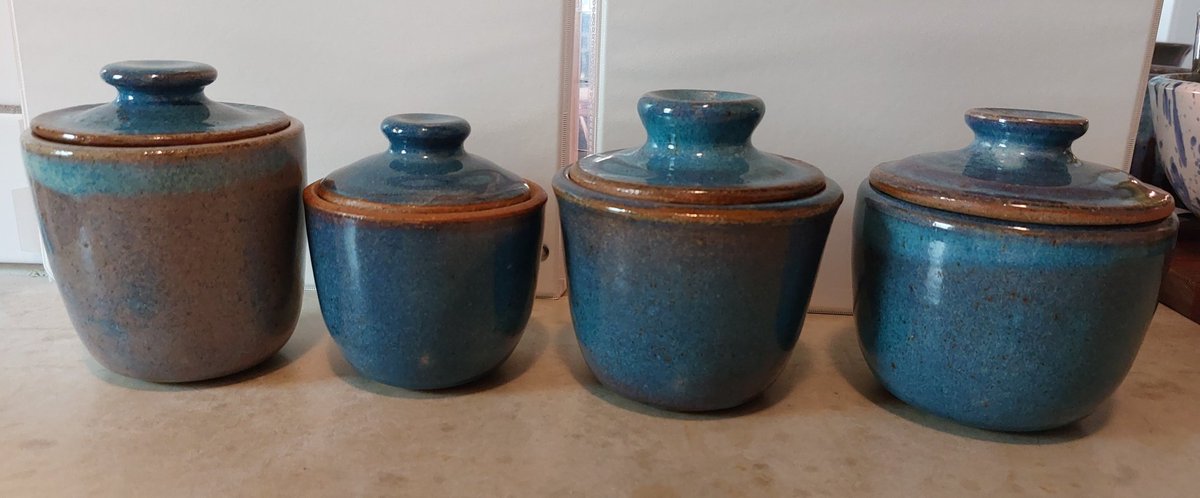 These jars are perfect to hold sugar, spice &amp; everything nice 😇

Small Stoneware jars fired to cone 9 in a reduction atmosphere, glazed with reitz green, toejam yellow, mottled blue &amp; purple haze glazes ✨️