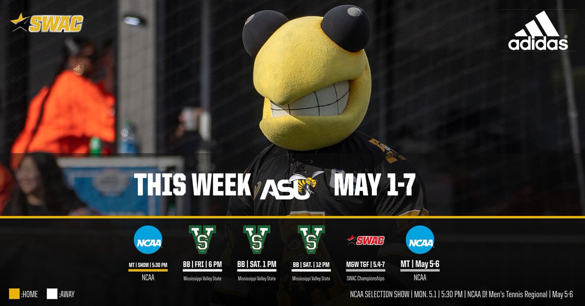 This Week in <a href="/BamaStateSports/">Bama State Athletics</a> - May 1-7. <a href="/BamaStateBB/">Alabama State Baseball</a>, <a href="/BamaStateTennis/">Alabama State Tennis</a> &amp; @BamaStateT&amp;F in action!

#SWARMAS1 | #IAMSWAC