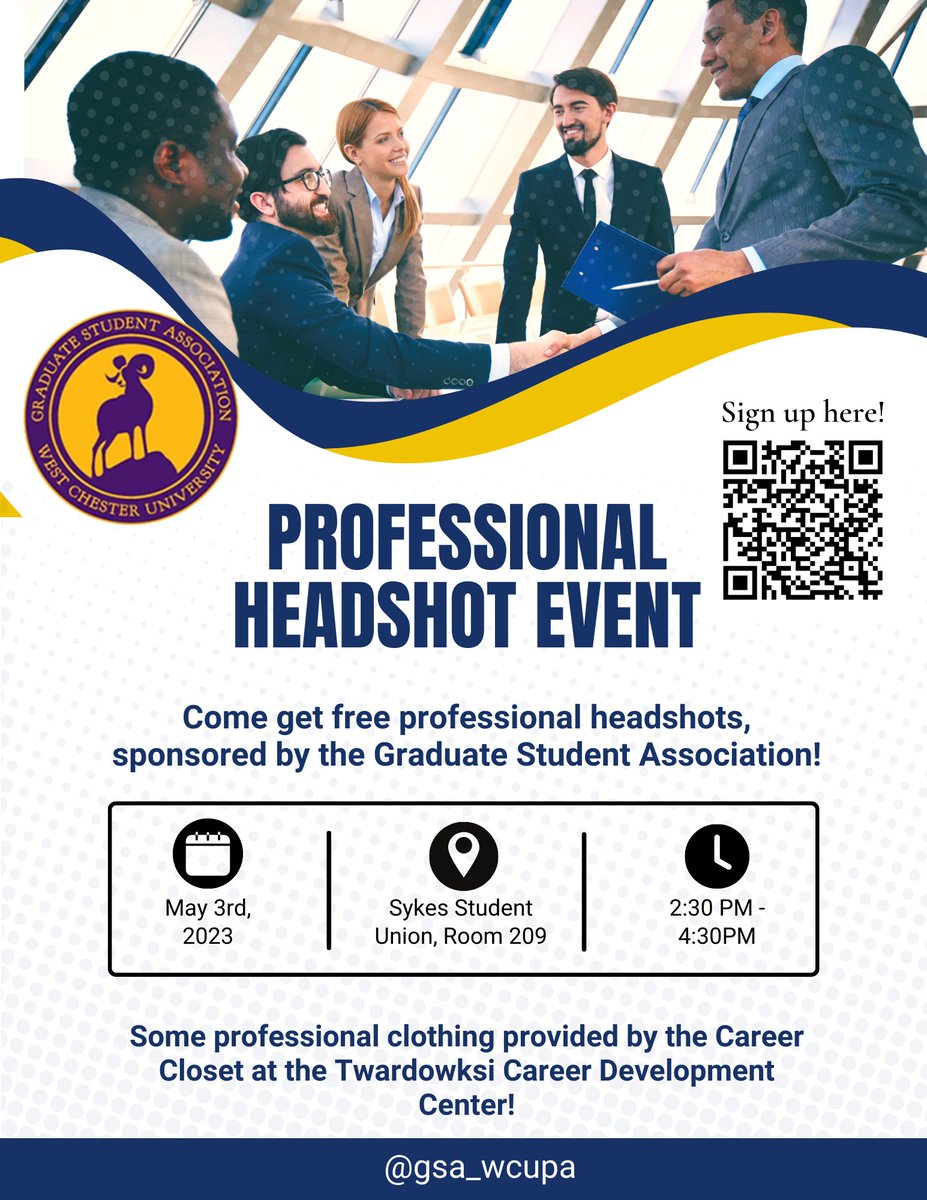 WCUGradSocWork's tweet photo. FREE Professional Headshot Event this Wednesday! Sign up here: https://t.co/puAd4vWluj https://t.co/uajkG3Rwg4