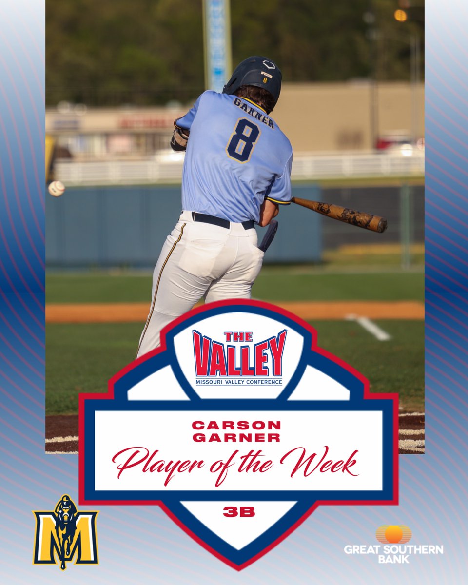 Player of the Week ⫸ Carson Garner, <a href="/RacersBaseball/">Murray State Baseball</a>

▪️ Hit .444 (8-for-18) with seven runs scored, five home runs, six RBI &amp; an 1.807 OPS
▪️ Hit a home run in each of the Racers' four games during the week

Great Southern Bank | #TheValleyRunsDeep