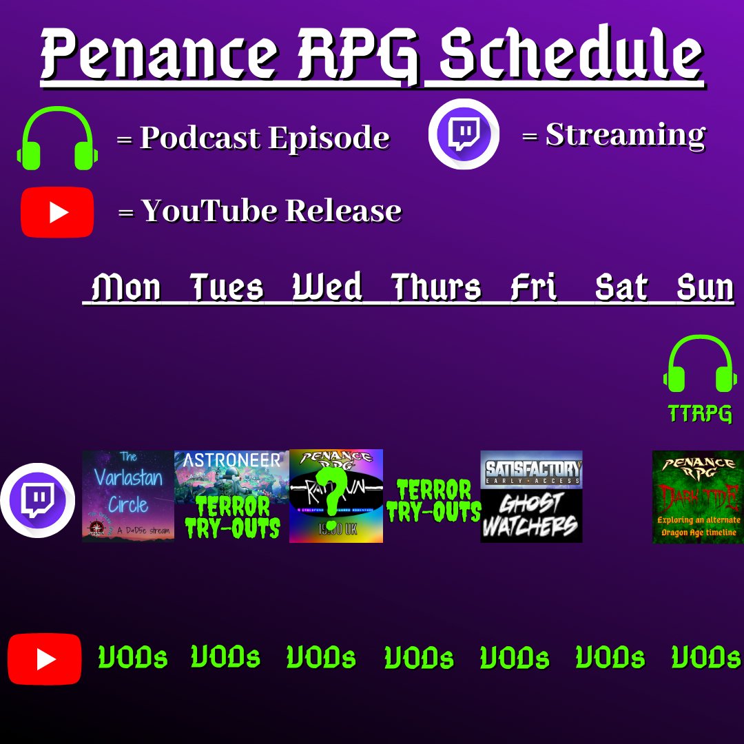 PenanceRPG's tweet photo. Where to find us this week:

We have #TTRPG stream on #Twitch tonight and on Sun! These go up on #YouTube before the next stream
#Horror &amp; co-op games daily

#gaming #HorrorGames #RPG #TTRPGSolidarity #DnD #HomeBrewRPG #IndieGames #Podmosphere #DragonAge #PodernFamily #HorrorFans https://t.co/4H6dYyZK53