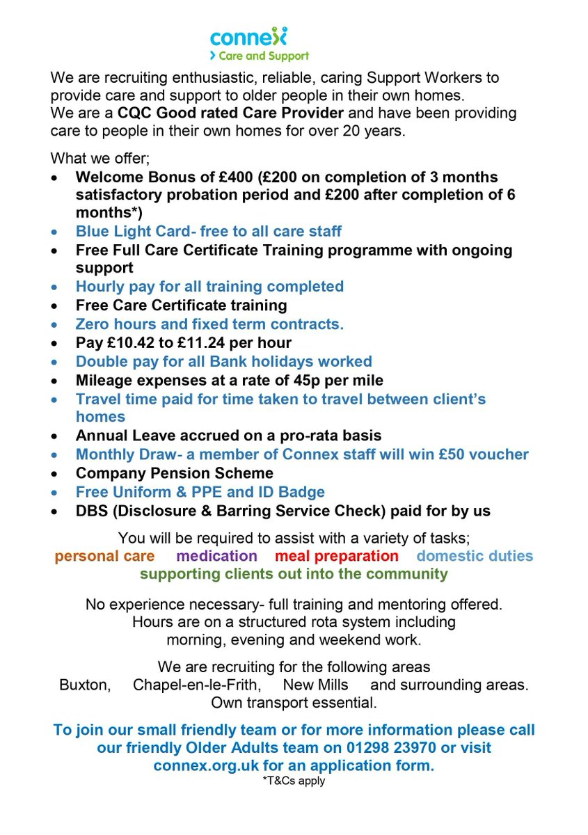 We are looking to recruit Support Workers to work in Buxton and the surrounding areas.