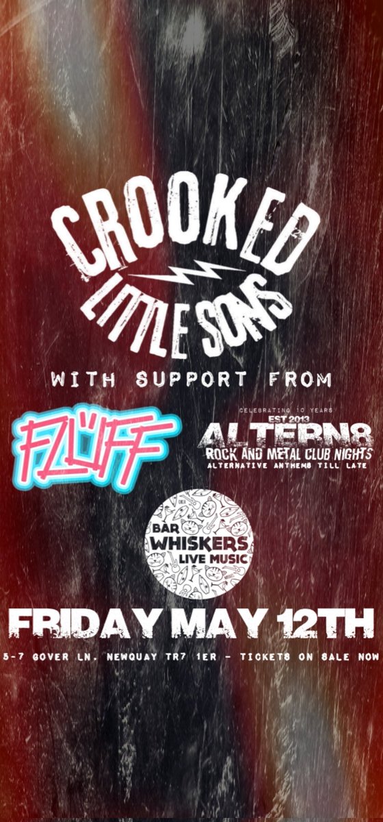 Next Friday we are at @WhiskersNewquay alongside Fluff & @CrookedLSons Come down and say hello peeps! #Newquay #Cornwall 🤘😁🤘