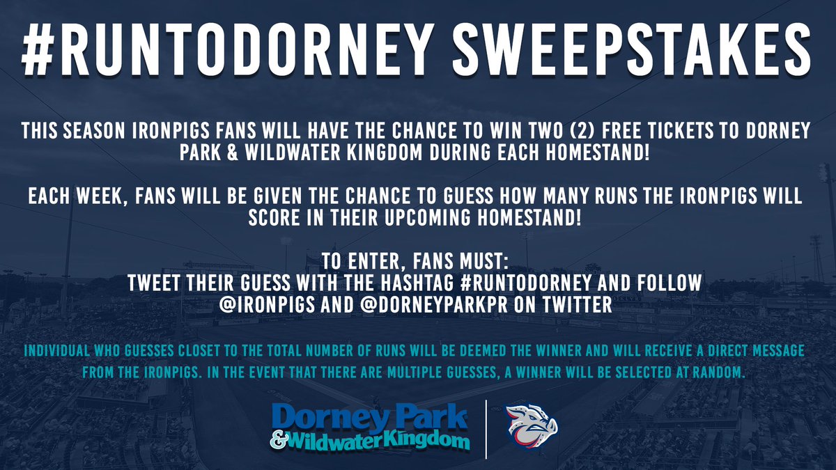 IronPigs's tweet photo. It's sweepstakes time! Guess how many runs the 'Pigs will score in their next homestand against the Memphis Redbirds for a chance to win two tickets to @DorneyParkPR! 

Use the hashtag #RuntoDorney to enter! Guessing will end Tuesday, May 9 at 10 a.m. https://t.co/urt3h16mtk