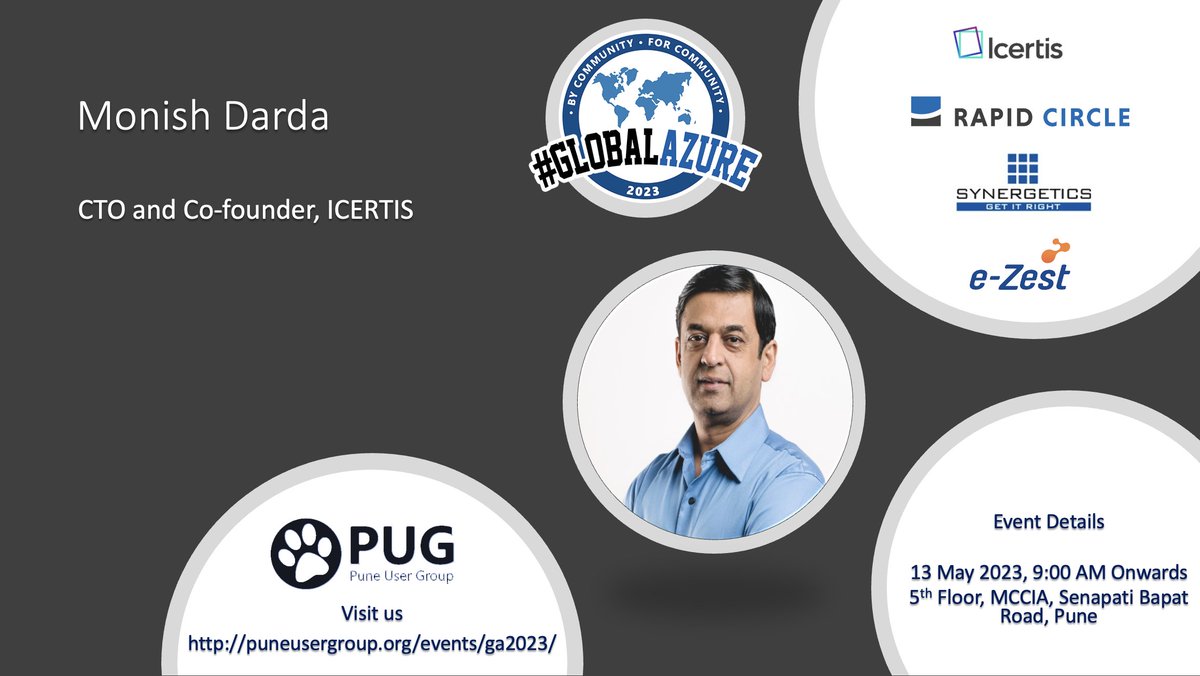 Pune User Group (@puneusergroup) on Twitter photo We are glad to announce our first speaker <a href="/monishdarda/">Monish Darda (He/Him/His)</a> from <a href="/icertis/">Icertis</a> Join us for #GlobalAzurePune on 13th May 2023. This is FREE event & Registration is required. puneusergroup.org/events/ga2023/ Block your calendar & your seat too ! #GlobalAzure <a href="/GlobalAzure/">GlobalAzure</a> #MVPBuzz <a href="/Azure/">Microsoft Azure</a> We are glad to announce our first speaker <a href="/monishdarda/">Monish Darda (He/Him/His)</a> from <a href="/icertis/">Icertis</a> Join us for #GlobalAzurePune on 13th May 2023. This is FREE event & Registration is required. puneusergroup.org/events/ga2023/ Block your calendar & your seat too ! #GlobalAzure <a href="/GlobalAzure/">GlobalAzure</a> #MVPBuzz <a href="/Azure/">Microsoft Azure</a>