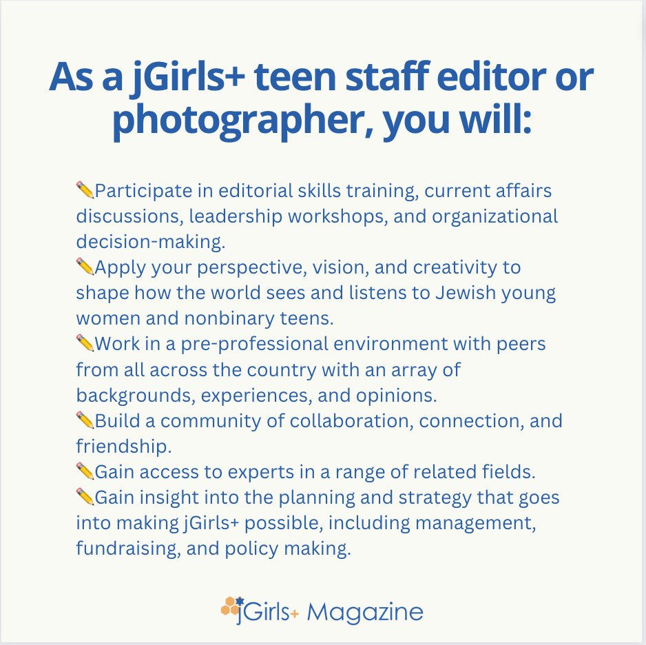 Applications for the 2023 teen editor and staff photographer positions close THIS SUNDAY! ⏰

jgirlsmagazine.org/join-our-teen-…