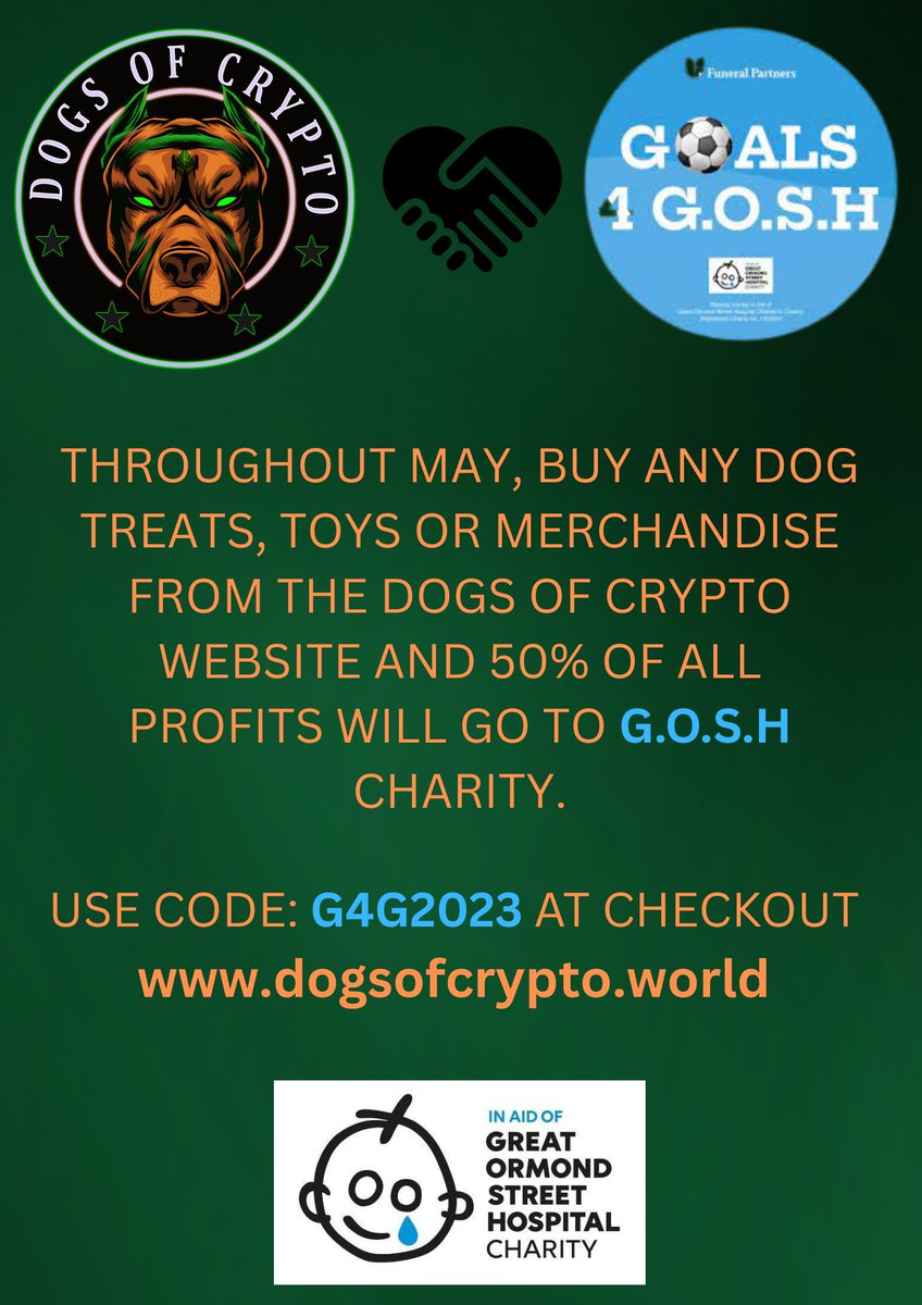 DOC_erc20's tweet photo. We are giving away a further 50% profit from all sales on our website ( NFTS excluded ) for Goals 4 GOSH in aid of Great Ormond Street Hospital. This will run from now until 12th June.
@GOSHCharity #DOC #weareDOC #CHARITY #DOCarmy https://t.co/T9qGcMH9gR