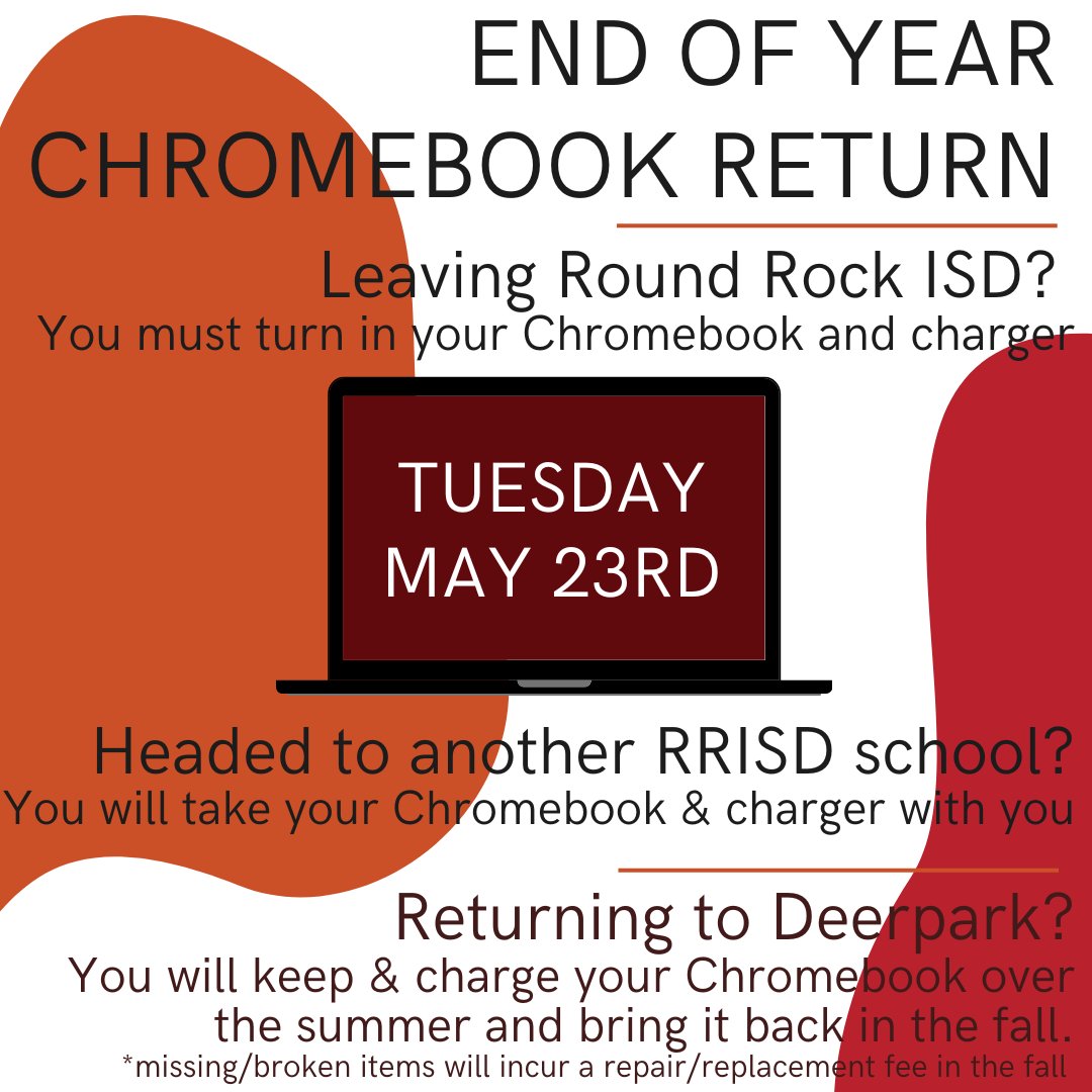 DeerparkMS's tweet photo. Chromebook Inventory is taking place next week May 8-12th! All students must bring their district-issued devices!
If you are returning to RRISD you will keep your device over the summer. If you are leaving RRISD, you must turn in the Chromebook and charger by May 23rd! https://t.co/GLGCS8dLHP