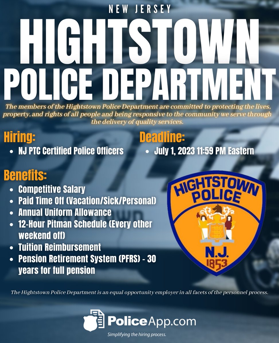PoliceApp on Twitter "Hightstown Police Department, NJ *NOW HIRING
