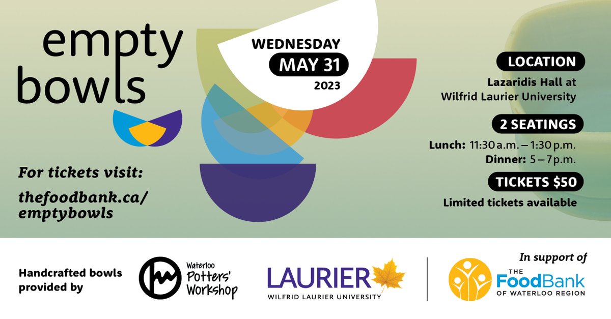 Wilfrid Laurier University (@laurier) on Twitter photo On May 31, join <a href="/FoodBankWatReg/">The Food Bank of Waterloo Region</a> and #Laurier for the 25th annual Empty Bowls event. Tickets are on sale now!
🎟 thefoodbank.ca/emptybowls
📍 Lazaridis Hall, <a href="/LazaridisSchool/">Lazaridis School of Business & Economics</a>
⏰ 11:30 a.m. & 5 p.m. seating
#FeedWR #event #EmptyBowls #endhunger On May 31, join <a href="/FoodBankWatReg/">The Food Bank of Waterloo Region</a> and #Laurier for the 25th annual Empty Bowls event. Tickets are on sale now!
🎟 thefoodbank.ca/emptybowls
📍 Lazaridis Hall, <a href="/LazaridisSchool/">Lazaridis School of Business & Economics</a>
⏰ 11:30 a.m. & 5 p.m. seating
#FeedWR #event #EmptyBowls #endhunger